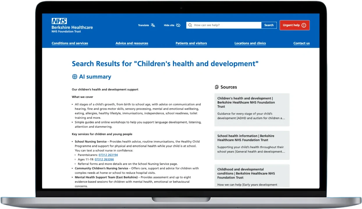 Nous AI search live on the Berkshire Healthcare NHS Foundation Trust website: an AI summary answer shown alongside its linked sources.